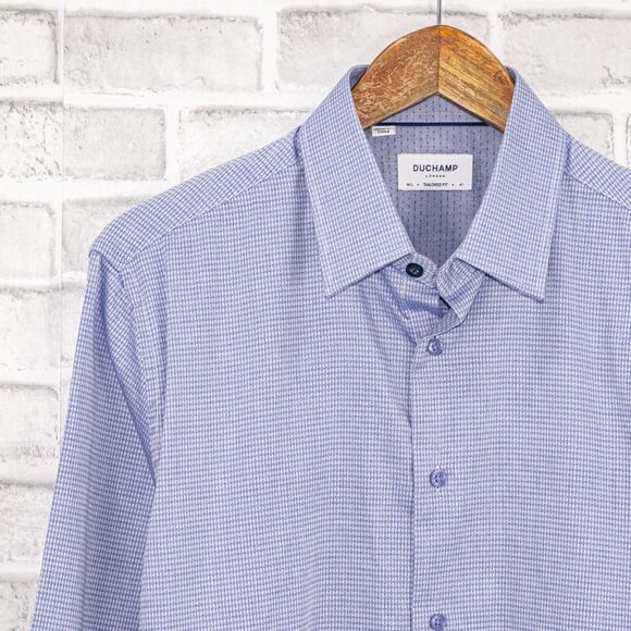 DUCHAMP London Tailored Fit Button up Shirt blue geo Men's size 16 Large - Picture 6 of 6